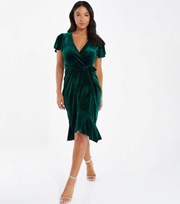 QUIZ Dark Green Velvet V Neck Short Sleeve Frill Midi Wrap Dress